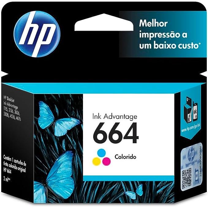 Cartucho De Tinta Hp 664 Colorido Original F6V28AB - 2ml - Para HP DeskJet Ink Advantage 1115 2136 3636 3836 4536 4676