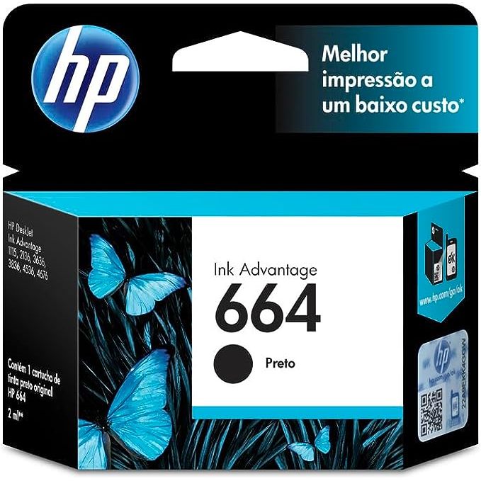 Cartucho De Tinta Hp 664 Preto Original F6V29AB - 2ml - Impresora HP DeskJet Ink Advantage 1115 2136 3636 3836 4536 4676