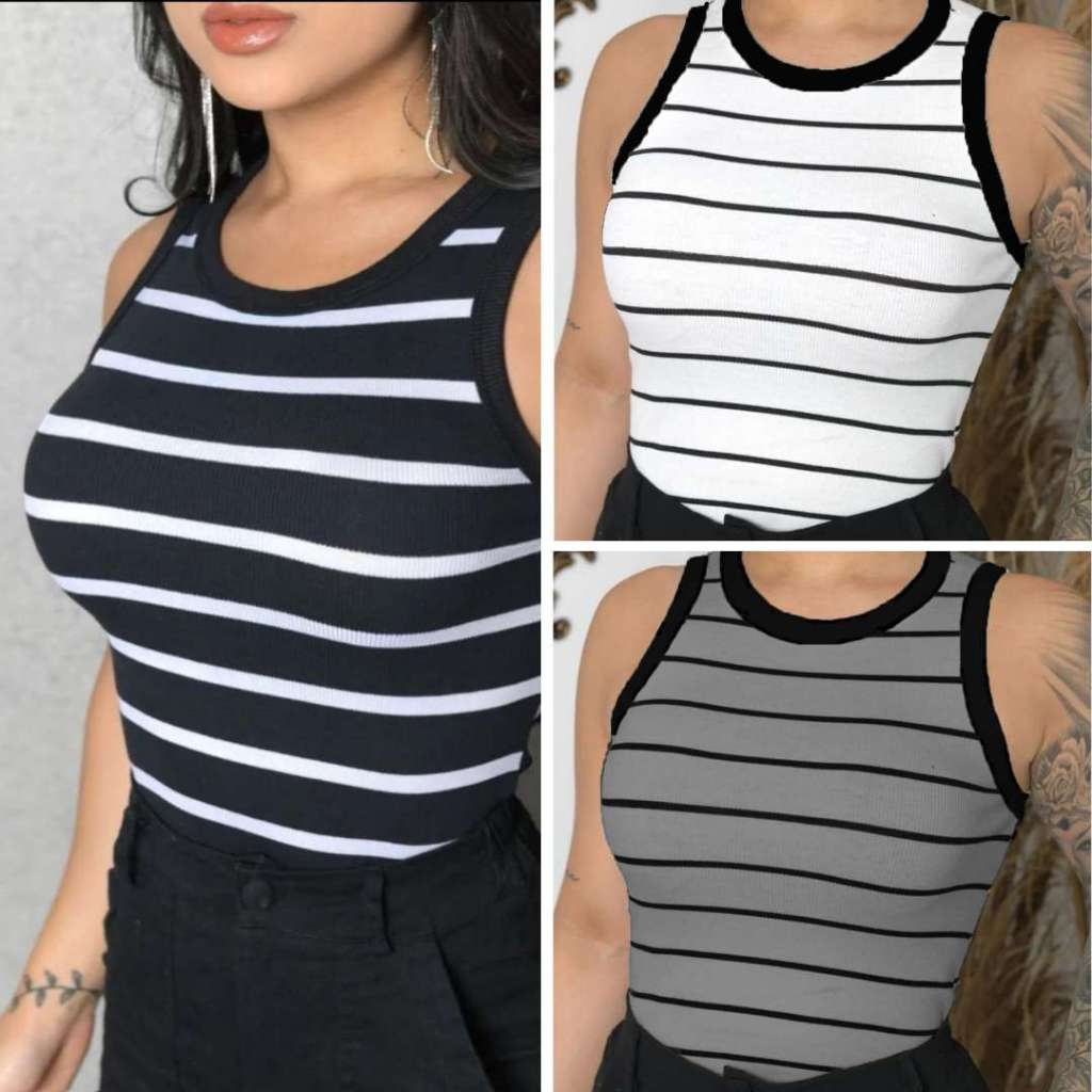 Kit 3 Camiseta Regata Feminina Canelada Listrada e Lisa Ribana Camiseta Básica Blusa Regata Casual