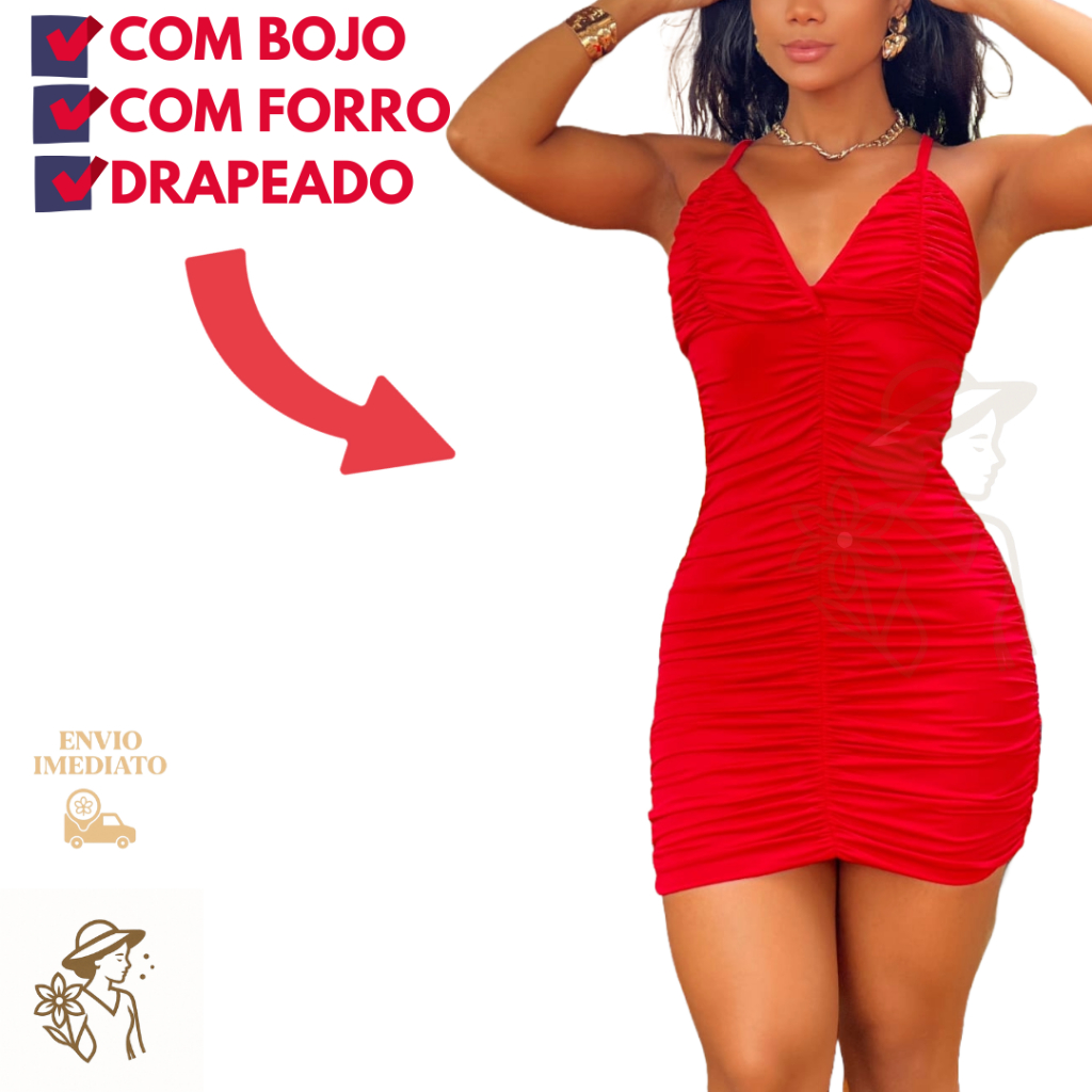 Vestido Midi Feminino Franzido Alça Fina Decote V Empina Bumbum Moda Blogueira estilo Gringa
