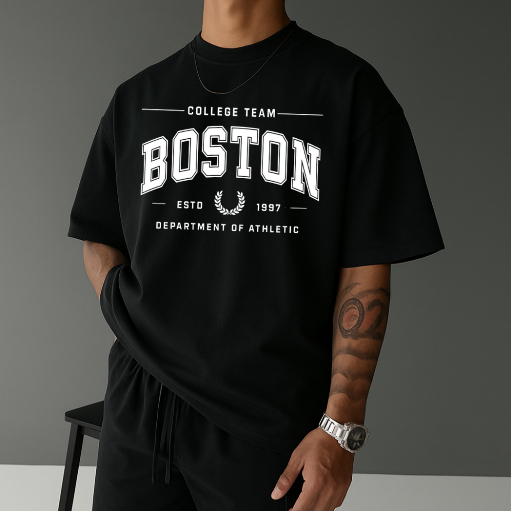 Camiseta Streetwear Masculina Boston College Team Tecido 100% Algodão Estilo Academia Treino Manga Curta Gola Redonda