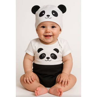 Kit Body Bebê - Urso Panda com Touquinha