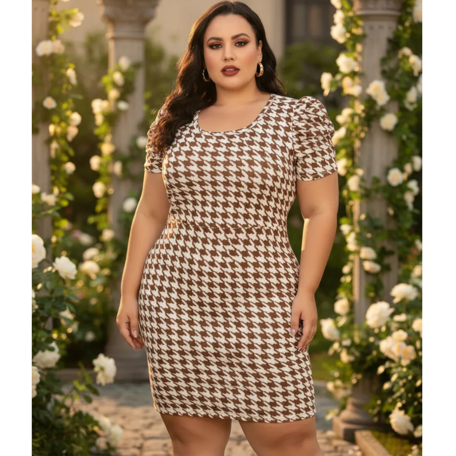 Vestido Plus Size Pied de Poule Estampado Manguinha Princesa Moda Evangélica Veste 48 ao 52