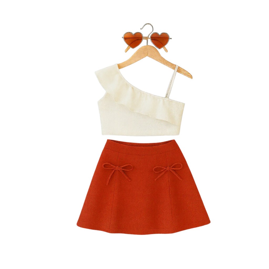 conjunto infantil e juvenil para meninas estilosas saia laço e blusa babado