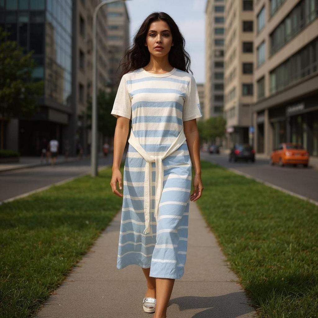 Vestido Feminina Longa Azul Bebe Listrado com Amarração