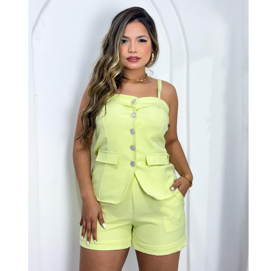 CONJUNTO FEMENINO CROPPED ALCINHA COLETE ELASTEX COSTAS  E CINTURA - BOTÕES PEROLADO ELEGANTE TECIDO ALFAIATARIA PREMIUM em Oferta na Shopee