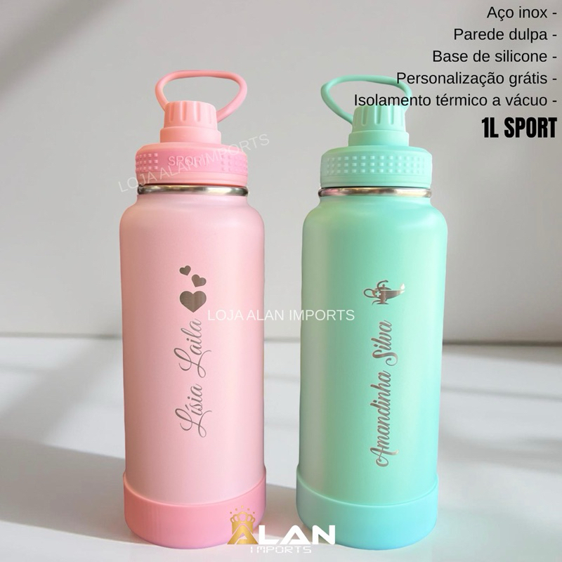 Garrafa Térmica personalizada com seu nome 1L aço inox com base de silicone