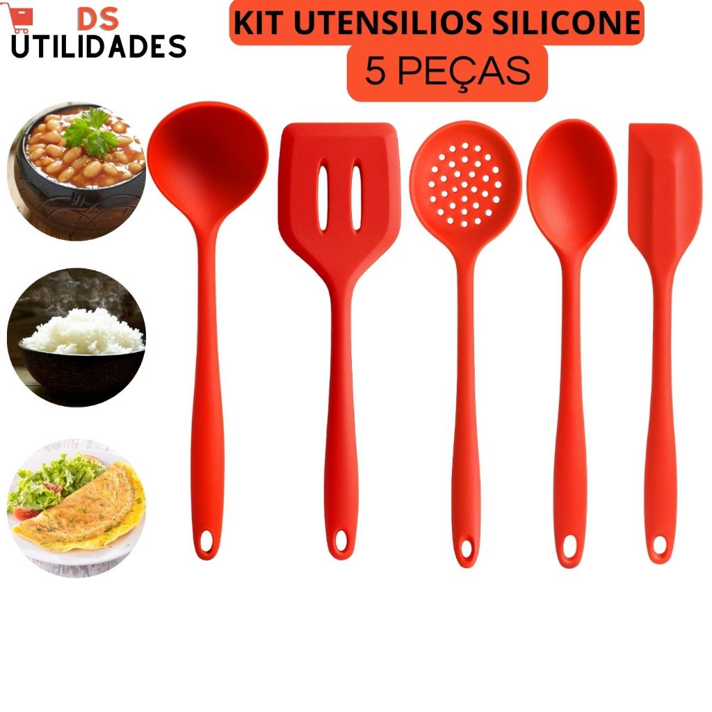 Kit 5 Utensílios de Silicone Escumadeira Concha Espátula Vazada Espátula de Silicone Colher de Arroz Utensílios Cozinha