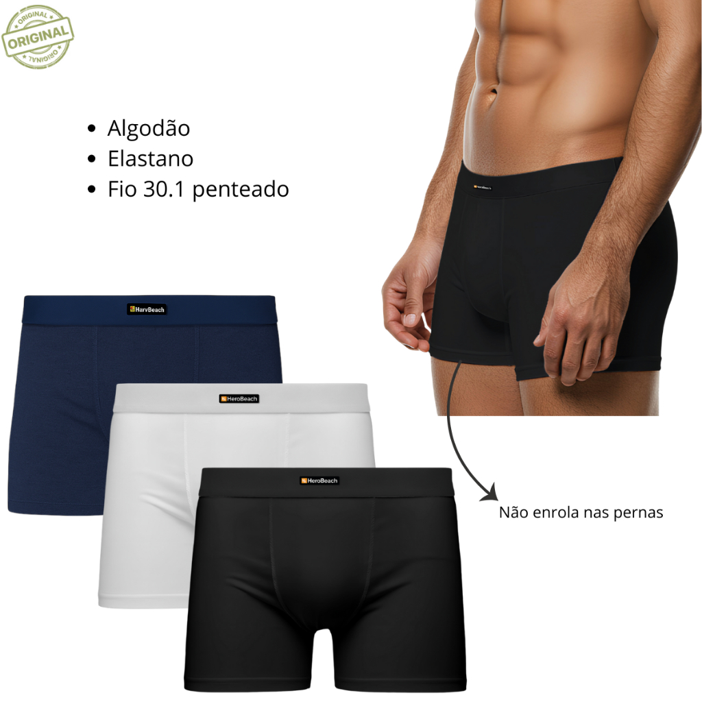 Kit 3 Cueca Boxer Masculina Algodão Conforto Premium HeroBeach Elástico Preto Azul Branco
