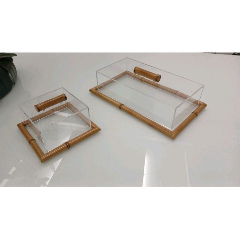 kit com 2 pratos de frios de bambu com tampa de acrílico