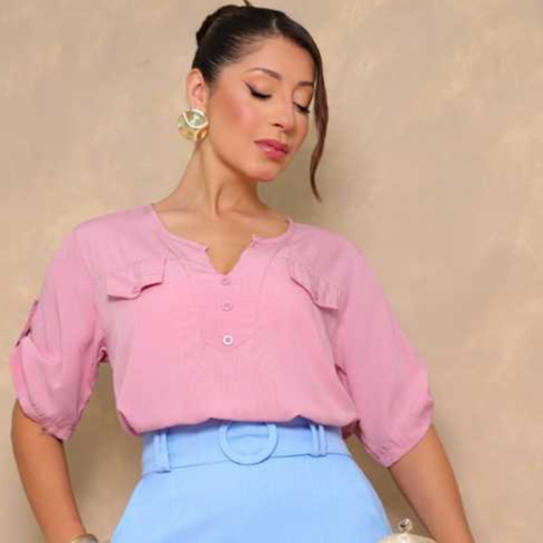 Camisa Feminina Viscolinho Manga Curta Com Botões Blusa Social Casual Gola Colarinho Elegante M G GG em Oferta na Shopee
