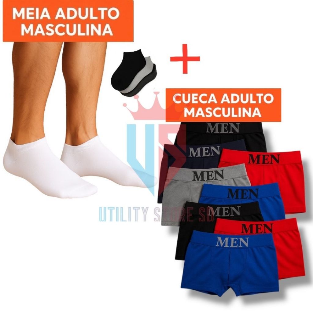 Kit 10 Cuecas Boxer Microfibra Adulto + 12 Pares Meias Algodão