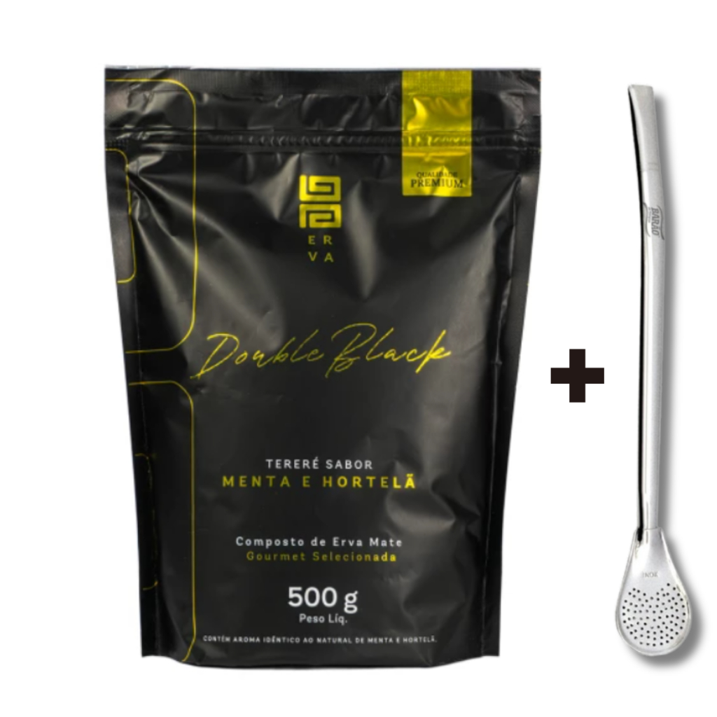 KIT TERERÉ Erva Mate Black Sabores 500g + Bomba 19cm Luxo