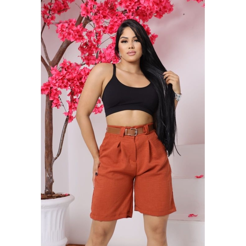 Bermuda De Linho Feminina Social Alfaiataria con Cinto Marron. em Oferta na Shopee