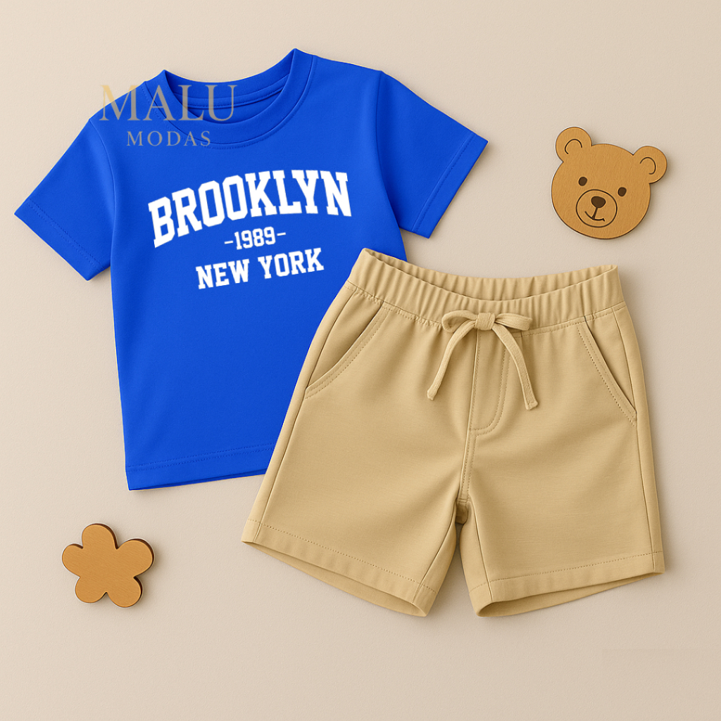 Conjunto Bermuda Bege Com Bolso + Camiseta Algodão "Brooklyn" Moda Infantil Kids Juvenil