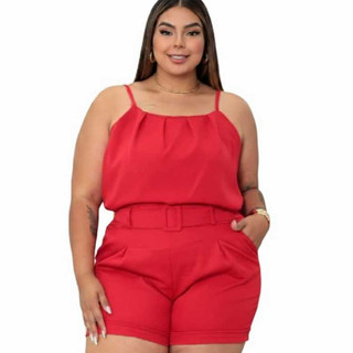 conjunto feminino moda plus size com blusa de alcinha e short com elástico, tecido alfaiataria