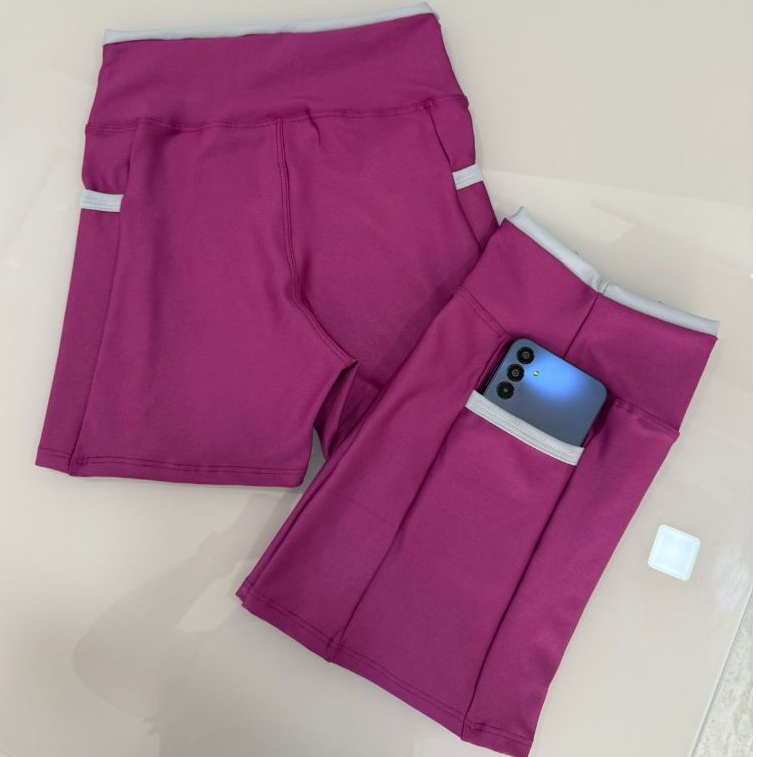 Shorts Cintura Alta Feminino Bolso Bermuda Academia Sem Transparência Corrida Ciclismo Meia Coxa