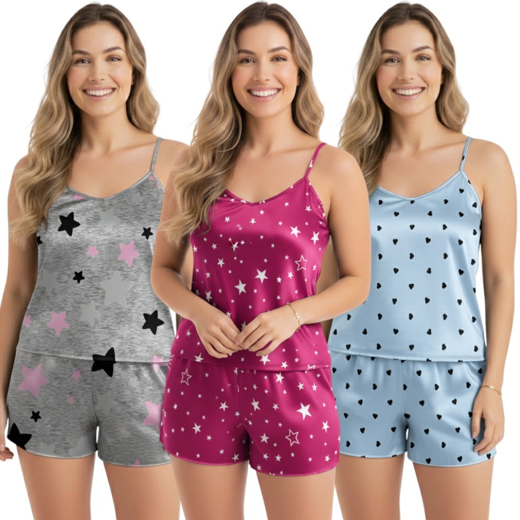 Kit 3 Pijama Conjunto Baby Doll Short Doll Sem Bojo Feminina Conjuntos Pijamas Estampas Exclusivas em Oferta na Shopee