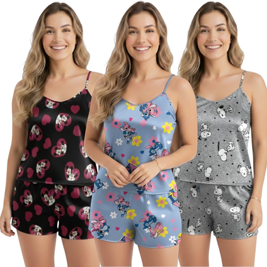 Kit 6 Peças Pijama Conjunto Baby Doll Short Doll Sem Bojo Original Personagens Premium em Oferta na Shopee