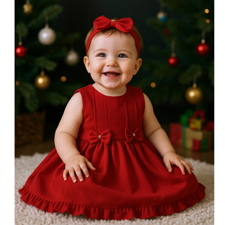 Vestido Natal com Tiara para Bebê Menina Dara Vermelho Verde