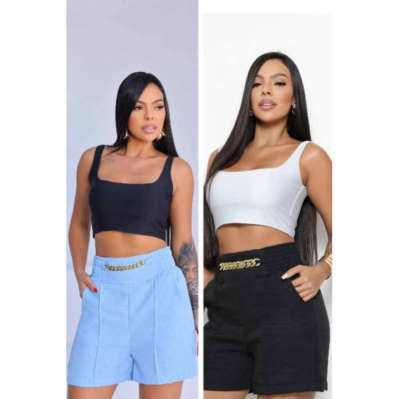 Kit 2 Shorts Linho Premium| Cintura Alta + Corrente – Leve, Elegante e Estiloso em Oferta na Shopee