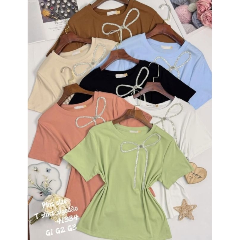 Blusa manga curta plus size detalhe laço algodão