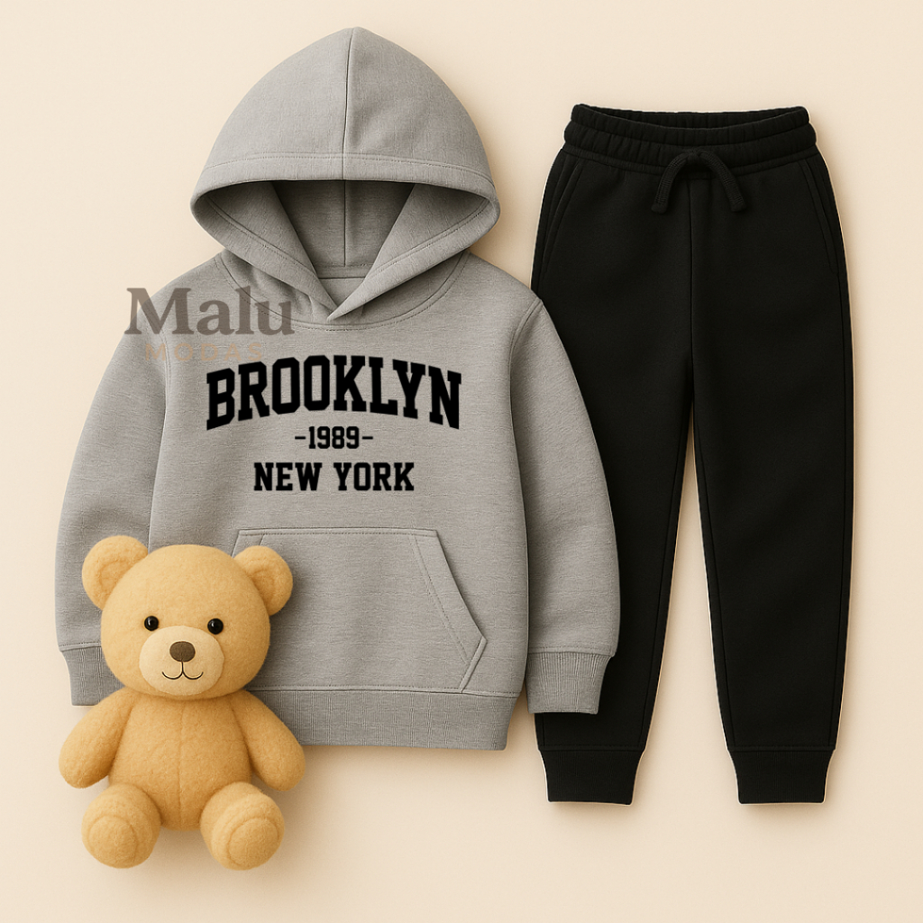 Conjunto Moletom Infantil Estampado "Brooklyn" Blusa de Frio Canguru e Calça Flanelada