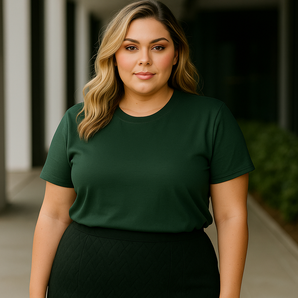 Camiseta Feminina Verde Musgo Plus Size 100% Algodão Premium Moda Maior Gola Careca