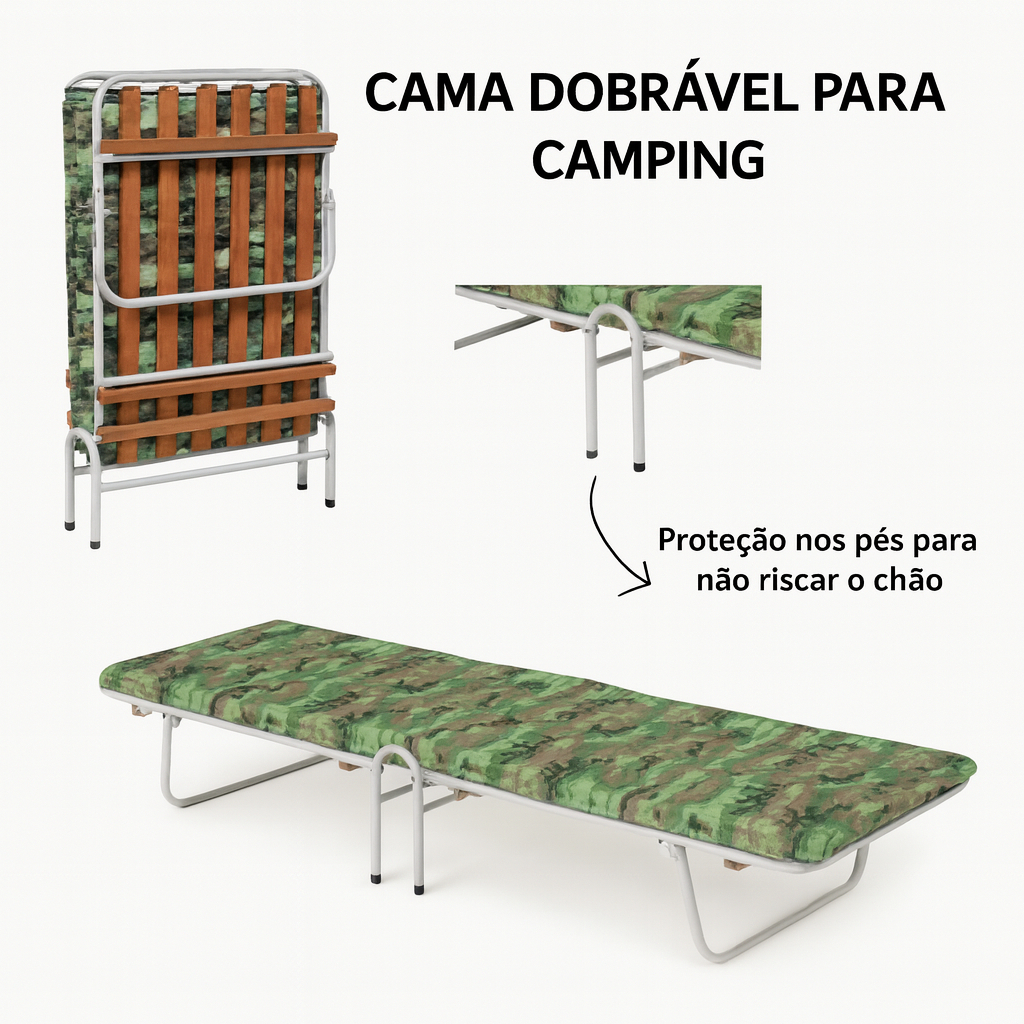 Cama Dobrável Camping Aventura Colchão Incluso Portátil Leve Compacta Estrutura Aço Envio Rápido