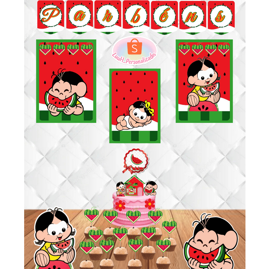 KIT FESTA COMPLETO - TEMA MAGALI MELANCIA IDEAL PARA QUEM QUER UMA COMEMORAÇÃO SIMPLES EM FAMILIA