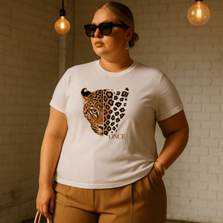 Camiseta Plus Size Feminina Estampada Onça 100% Algodão Premium Verão Academia Treino Blusa Camisa em Oferta na Shopee
