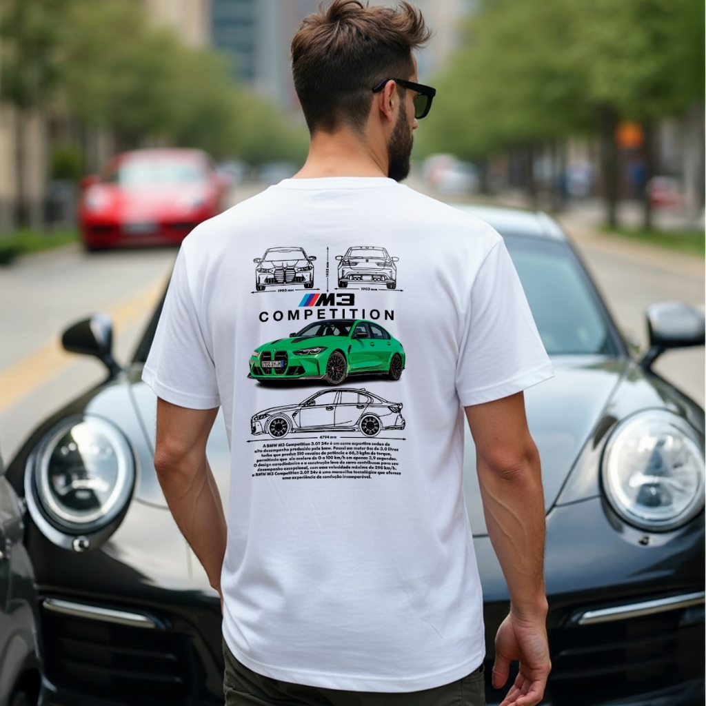 Camisa Masculina Manga Curta 100% Algodão Estampa M3 BMW Verde Competition Esportiva Unissex