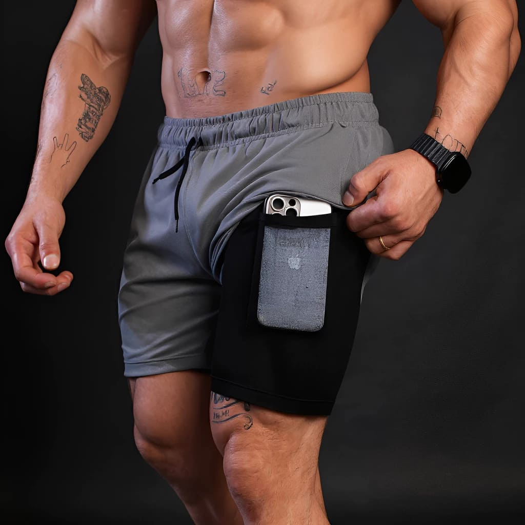 Bermuda 2 em 1 Dry Fit Masculino Esportiva Short Térmico com Bolso Interno Corrida Treino Academia