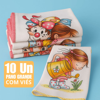 Kit 10 Panos de Prato 100% Algodão 65x40 Estampado Absorvente Viés Reforçado Durável (Copa/Cozinha)