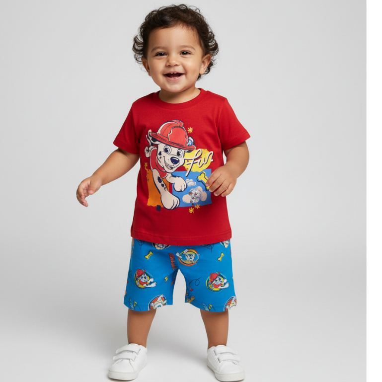 Conjunto Infantil | Camiseta Vermelha + Bermuda Azul Estampada | Roupinha Confortável de Verão