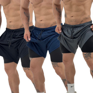 Kit 3 Shorts 2 em 1 Masculino Dry Fit com Bolso e Compressão Academia Corrida Treino Bermuda Plus Size em Oferta na Shopee