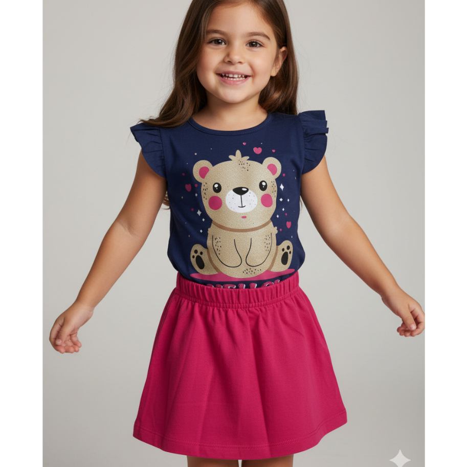 Conjunto Infantil Feminino Ursinha Hello – Blusa Azul e Saia Pink em Malha Confortável