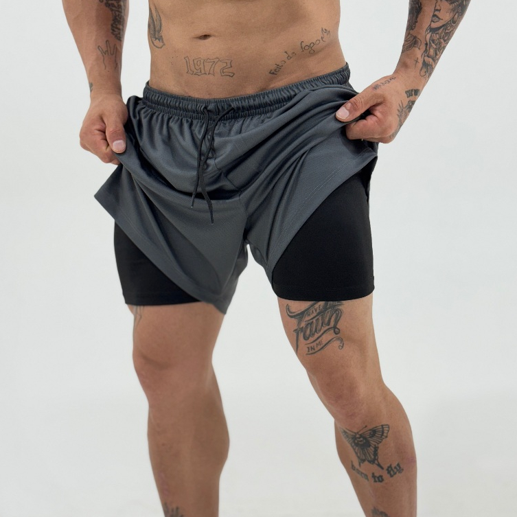 Shorts 2 em 1 Masculino Dry Fit com Bolso e Compressão Academia Corrida Treino Bermuda Plus Size