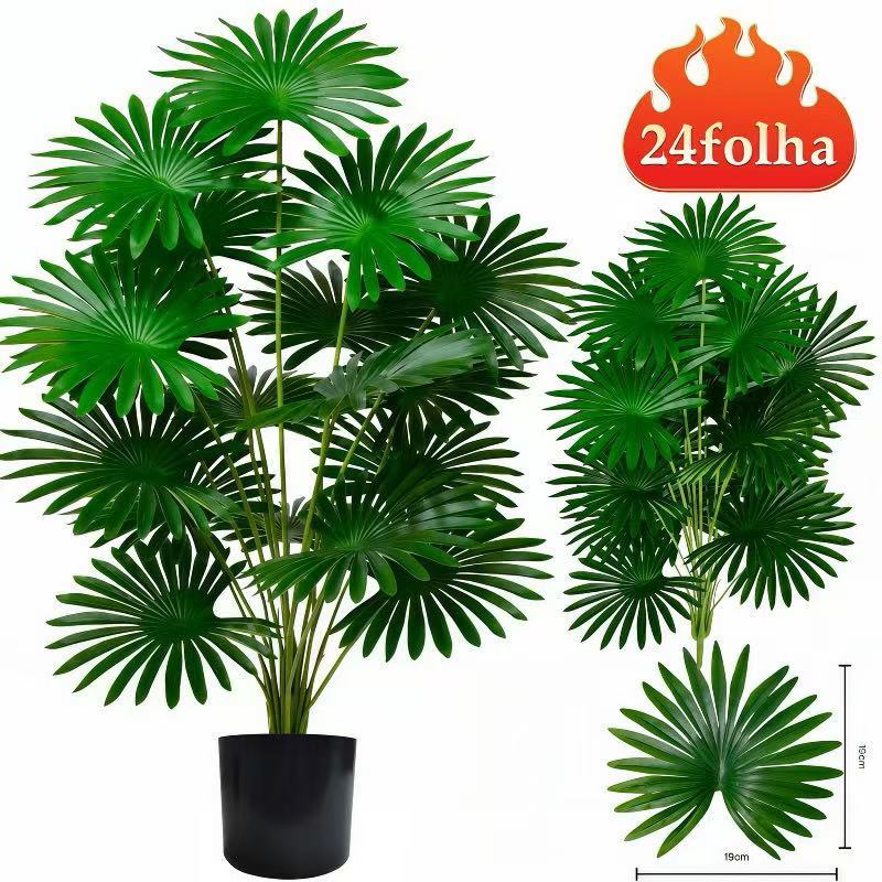 Simulação de planta artificial palmeira leque 75 cm 24 folhas sem decoração de vaso em Oferta na Shopee