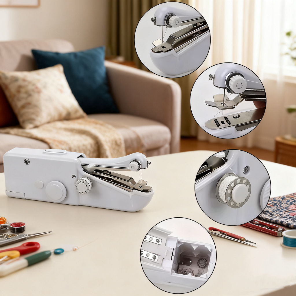 Mini máquina de costura portátil, fácil de costurar, costura sem fio, tecido de vestuário em Oferta na Shopee