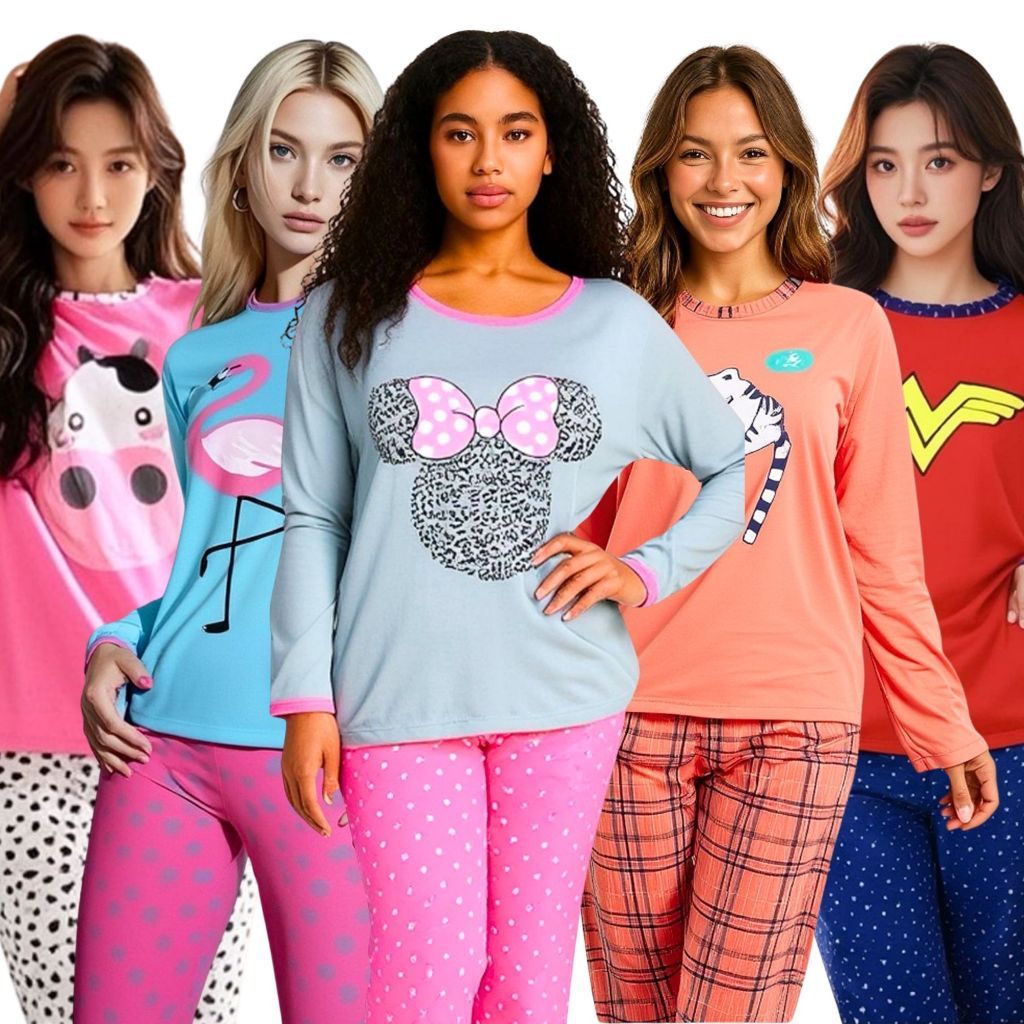 Kit com 2 Pijamas Feminino Inverno Longo em malha estampas Sortidas premium em Oferta na Shopee