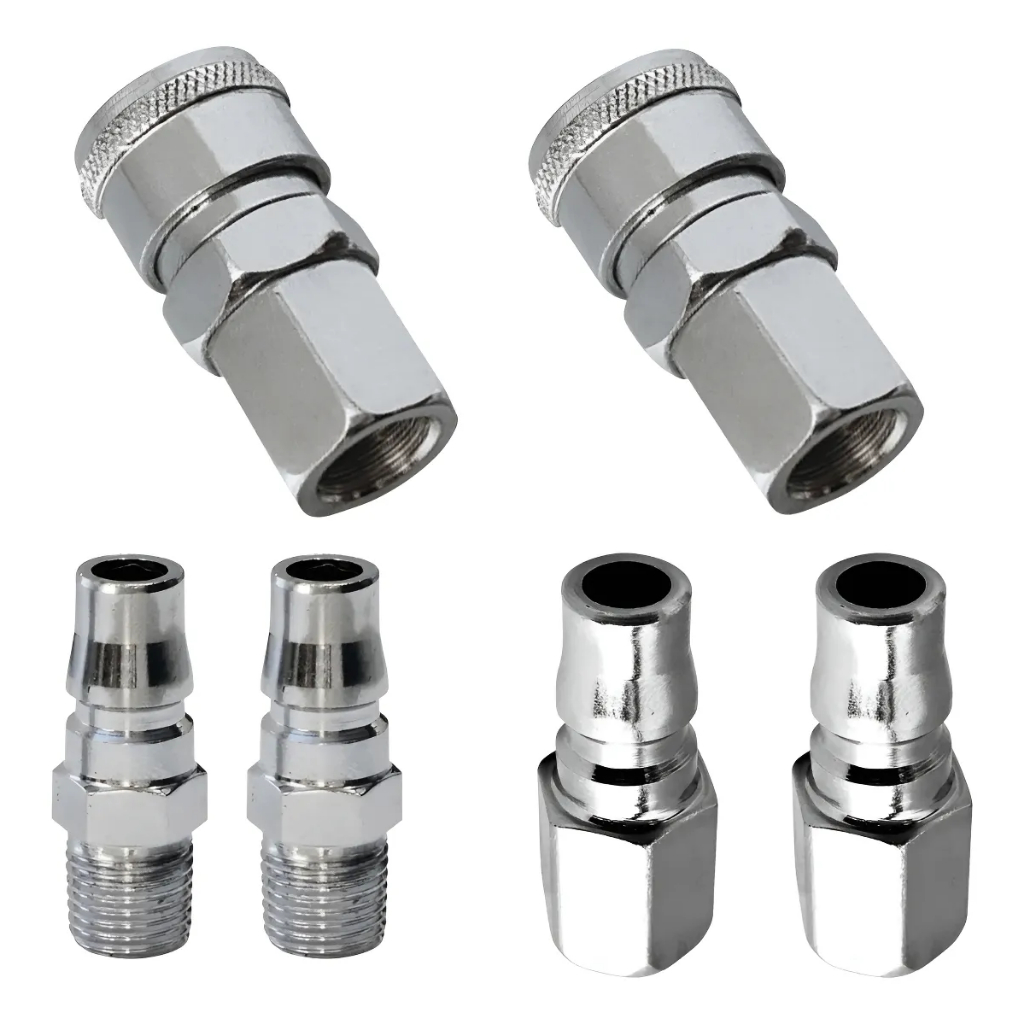 Kit Engate Rápido Alta Vazão 1/4" – 2 Engates + 4 Pinos Macho e Fêmea – Compressor Ar Pneumático