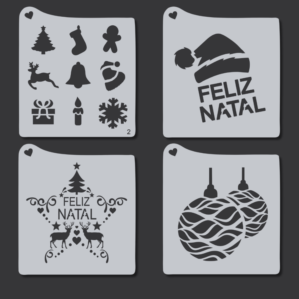 Kit 4 Stencil Natalino Molde Vazado de Natal para Pintura, Tecido, Mdf, Pano de Prato, Mdf, Madeira