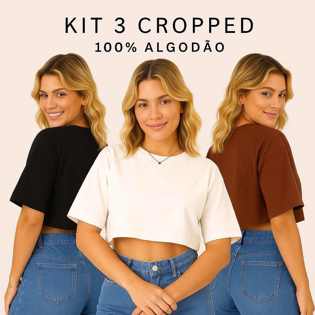 Kit 3 - Camiseta Oversized Feminina Cropped Estilosa e moderna 100%Algodão, soltinho/leve  -Tshirt