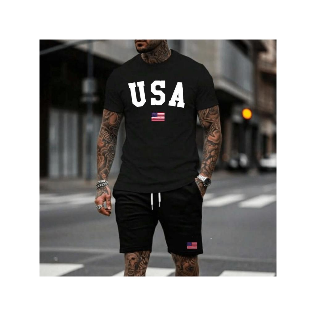 Conjunto Camiseta e Bermuda de Moletom Despojado Estiloso Estampado USA