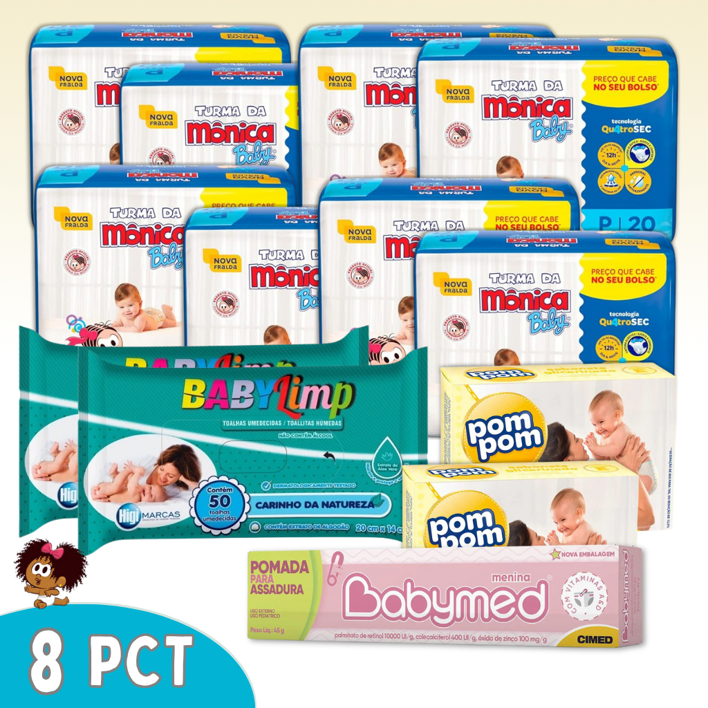 Combo Fralda Turma da Mônica + 2 Lenço Umedecido + 2 Sabonete Pompom + 1 Pomada Infantil
