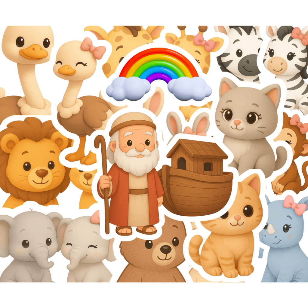 🕊️ Adesivos Arca de Noé — 37 Unid. | Cartela Infantil com Noé, Arca e Animais — Decoração Cristã, Brindes, Lembrancinhas em Oferta na Shopee