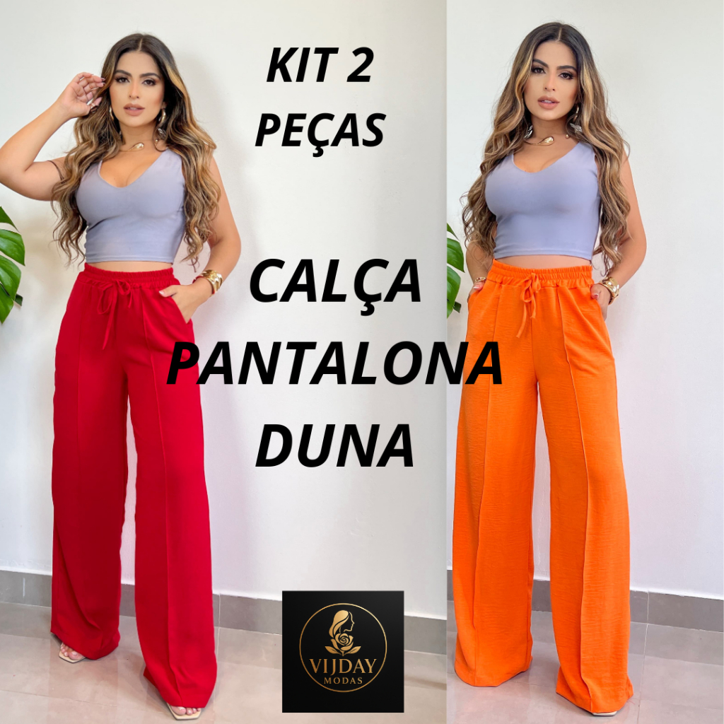 KIT 2 CALÇAS PANTALONA FEMENINO CINTURA ALTA WIDE LEGG DUNA ELEGANCIA LUXIO MODA 2025