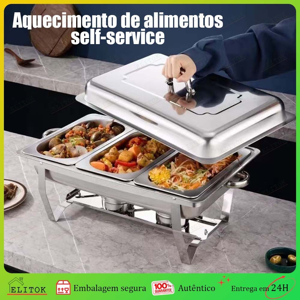 Rechaud Inox 11 Litros 1/3 Panelas Banho Maria 3 Cubas Buffet Profissional Para Festa e Eventos