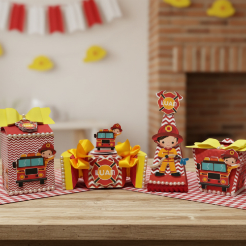 KIT MONTADO - kit personalizados BOMBEIRO MENINO, lembrancinhas caixinhas mimos de aniversário festa infantil